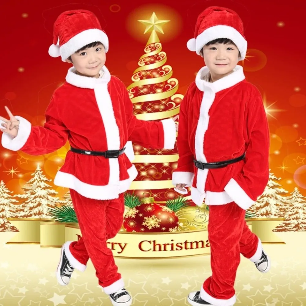 New Year Children Christmas Clothes Santa Claus Classic Cosplay Costume Set Soft Plush Warm Xmas Suit Wear Boys Girls Toddler