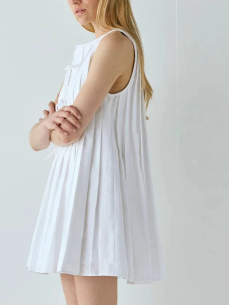 Tsiisd Casual Pieghe Mini Abito Per Le Donne Lace-Up Senza Maniche Solido Allentato Allentato Patchwork Estate 2026 Nuovo Vestito Vestito delle Donne