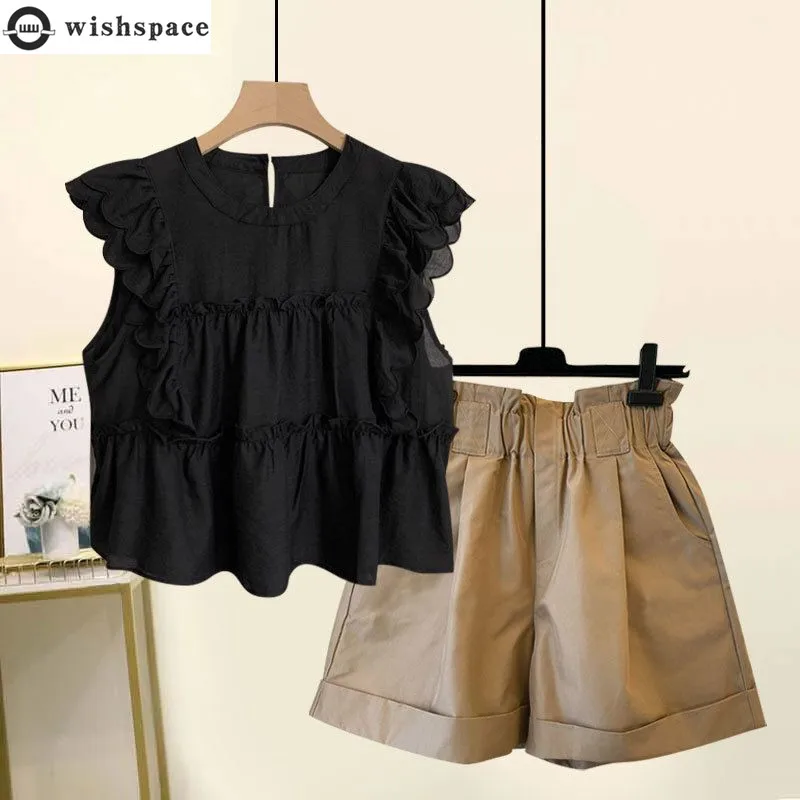 

Summer New French Flying Sleeves Thin Shirt Top Women's Casual Versatile Shorts Elegant Women's Two Piece Set