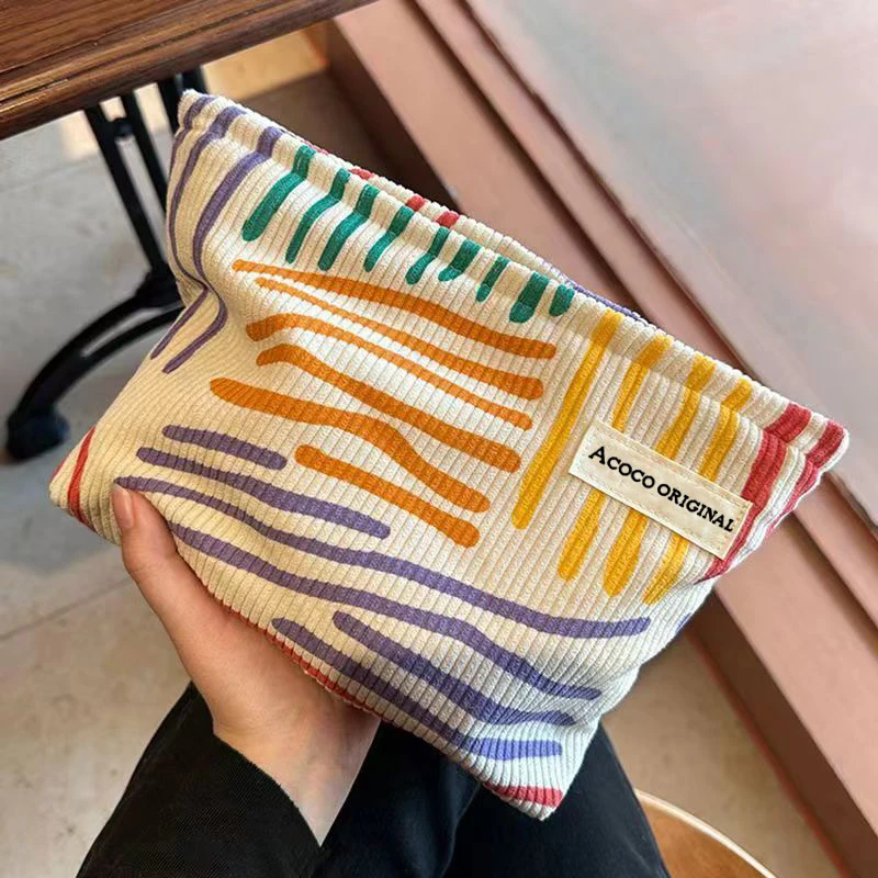 Colorful Stripes Corduroy Cosmetic Bag Portable Travel Toiletry Bag Skincare Sundries Aesthetic Makeup Storage Bag