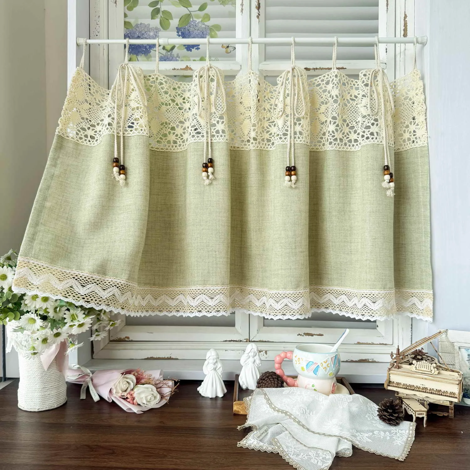 Vintage Country Crochet Lace Linen Cafe Curtain with Wooden Bead Tie Top Semi Sheer Farmhouse Kitchen Short Window Drape Decor