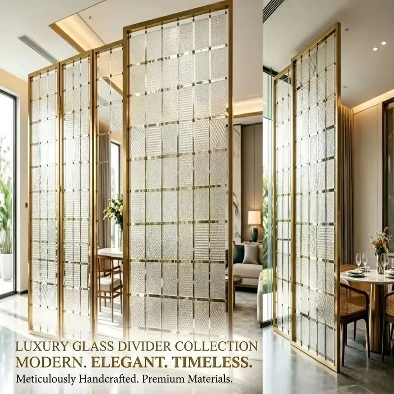 Custom Hammered Glass Stainless Steel Partition Screen for Hotel Villa Interior Projects