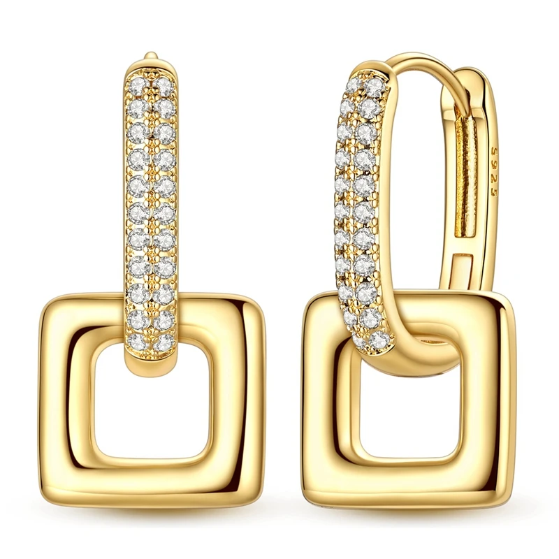 Vergoldete Schimmernde Rechteckige Ohrringe für Damen 925 Sterling Silber CZ Zirkon Ohrstecker Funkelnde Ohrringe Jubiläumsgeschenke