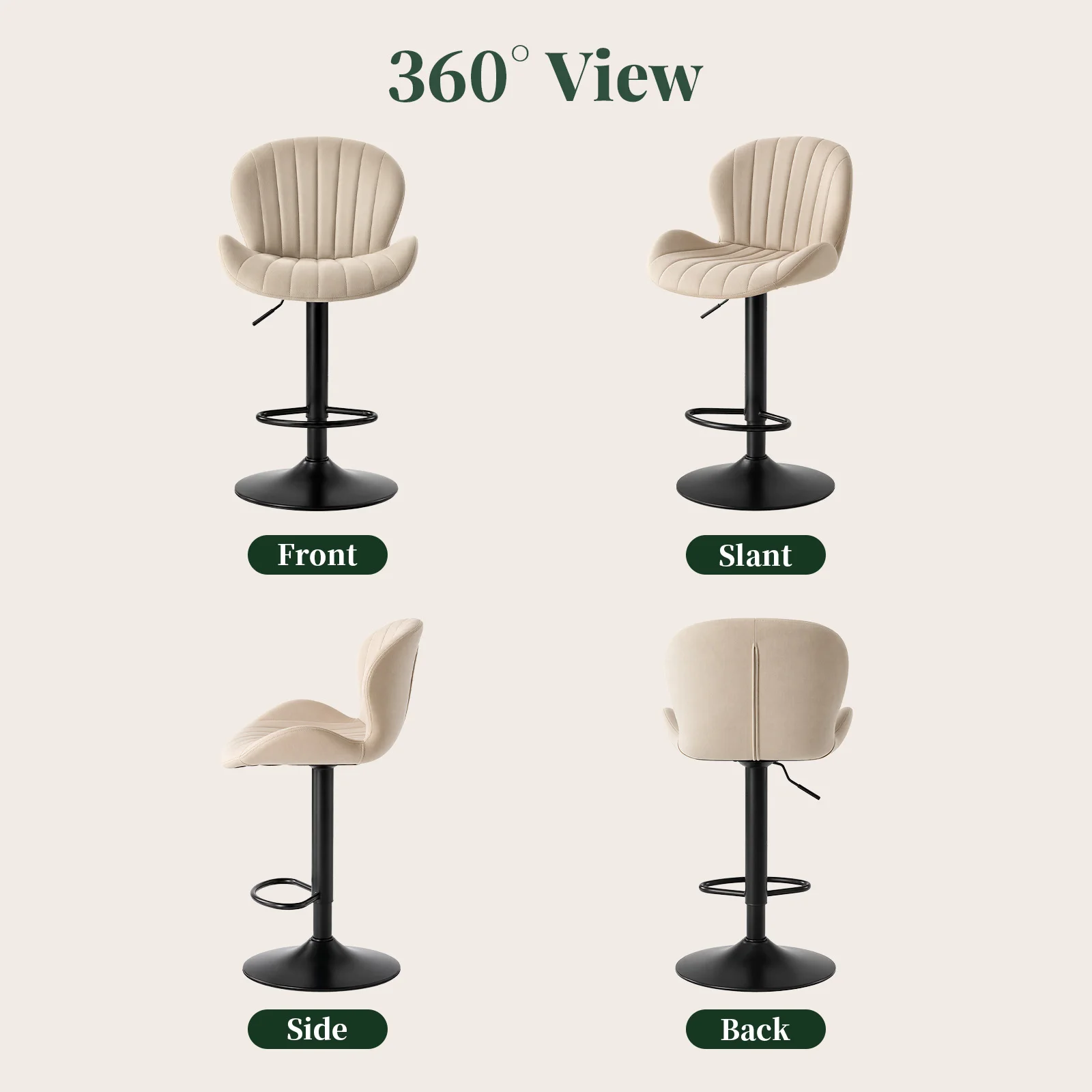JHK Counter Height Bar Stool Set of 2 Fabric Adjustable 360 Swivel Bar Chair for Kitchen Island Home Bar