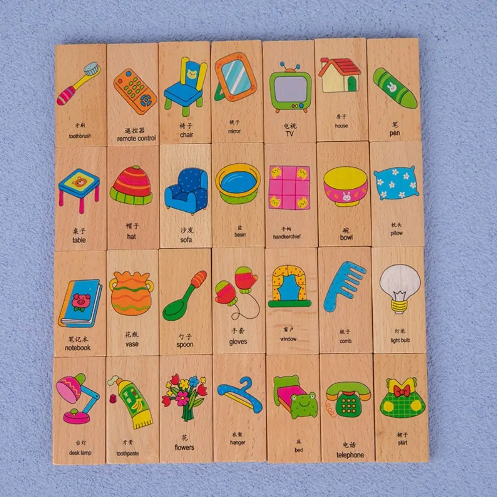 Montessori Wooden Domino Building Blocks Cognitive Early Educational Wood Animal Domino Puzzle Solitaire Animal