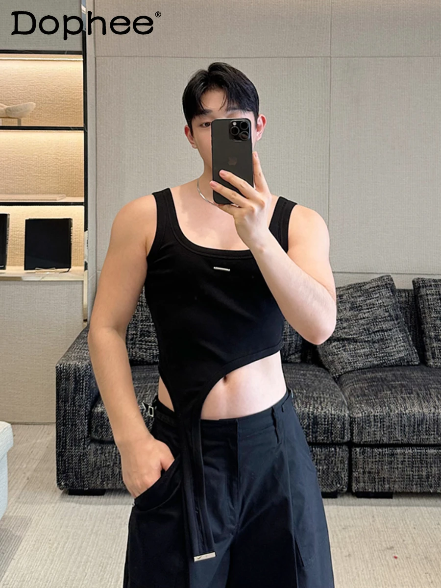 2024 Summer Men's Suit Tight Vest Men's Handsome All-Match Fashion Short Knitted Underwear Top Solid Color Shorts Two-Piece Set