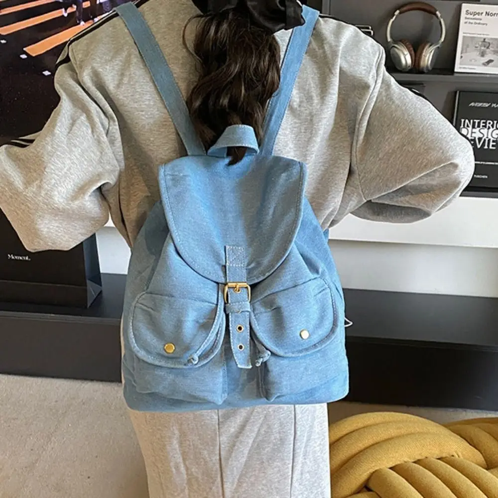 Korean Style Denim Drawstring Backpack Large Capacity Multi-pocket Oxford Cloth Shoulder Bag Versatile Waterproof