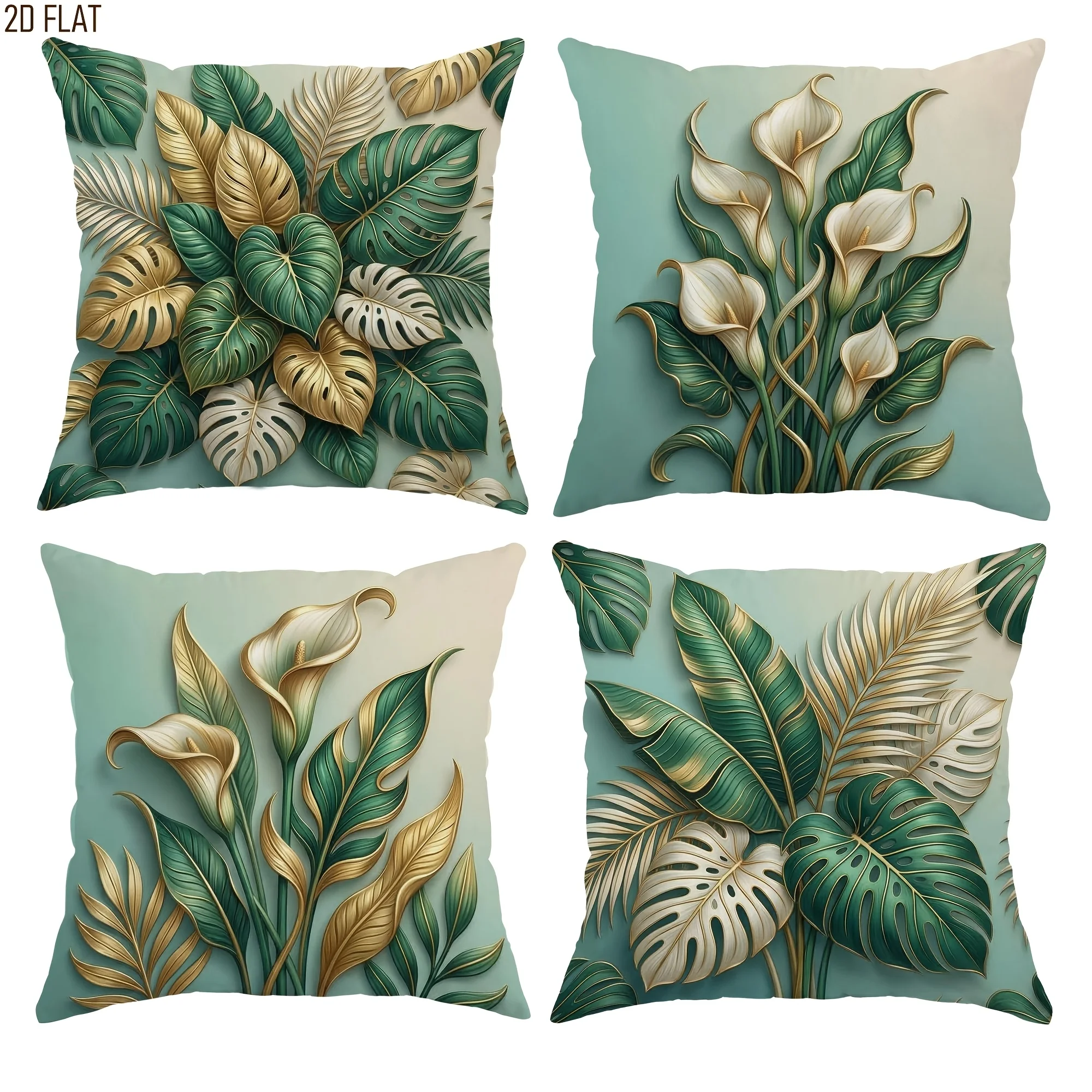 4pcs Tropical Gold Leaf Calla Lily Cushion Cover Botanical Printed Pillow Case Polyester Home Decor Sofa Living Room Bedroom