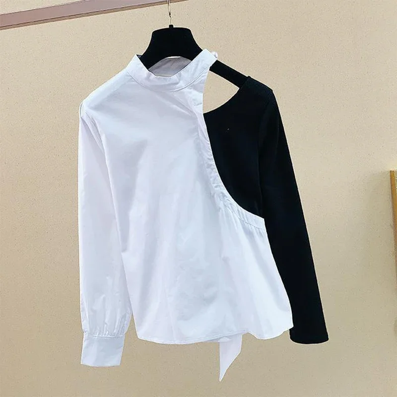 

Fashion stitching off-the-shoulder shirt design sense niche irregular top women shirt Shirt women's summer thin