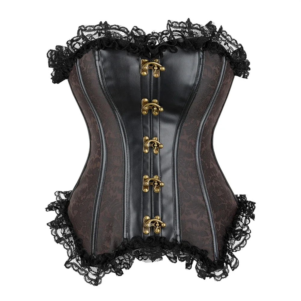 

Sexy Corsets Bustiers Floral Lace Tops For Women Leather Splicing Jacquard Vintage Corset Gothic Steampunk Corselet Boned
