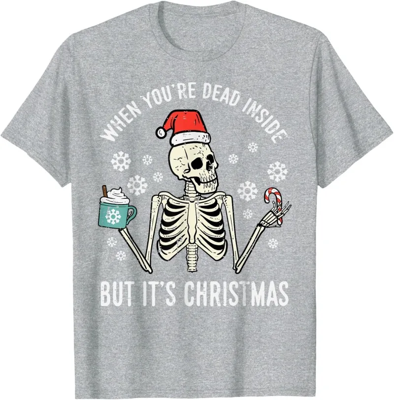 Dead Inside But Its Christmas Skeleton Coffee Xmas Coton T-Shirt Hommes et Femmes Col rond Manches Courtes Chemises Décontractées pour Femmes