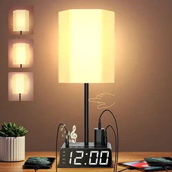 LED desk lamp, bedside lamp with Bluetooth FM radio, clock alarm, USB and AC ports, modern bedside table lamp with touch dimming