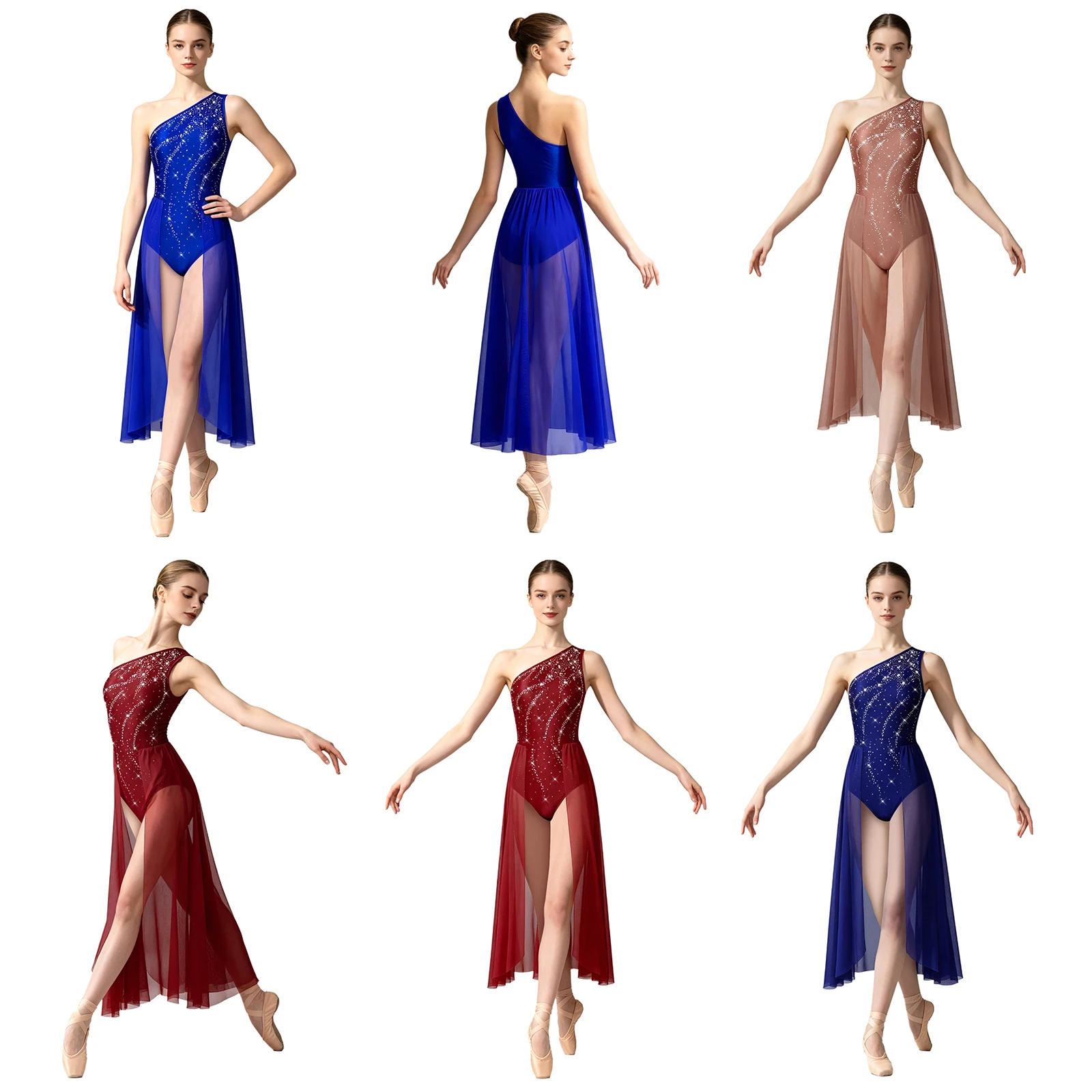 Women Modern Lyrical Dance Bodysuit Dress Sleeveless Rhinestone Split Mesh Leotard Ballet Skating Gymnastics Acrobatics Costume