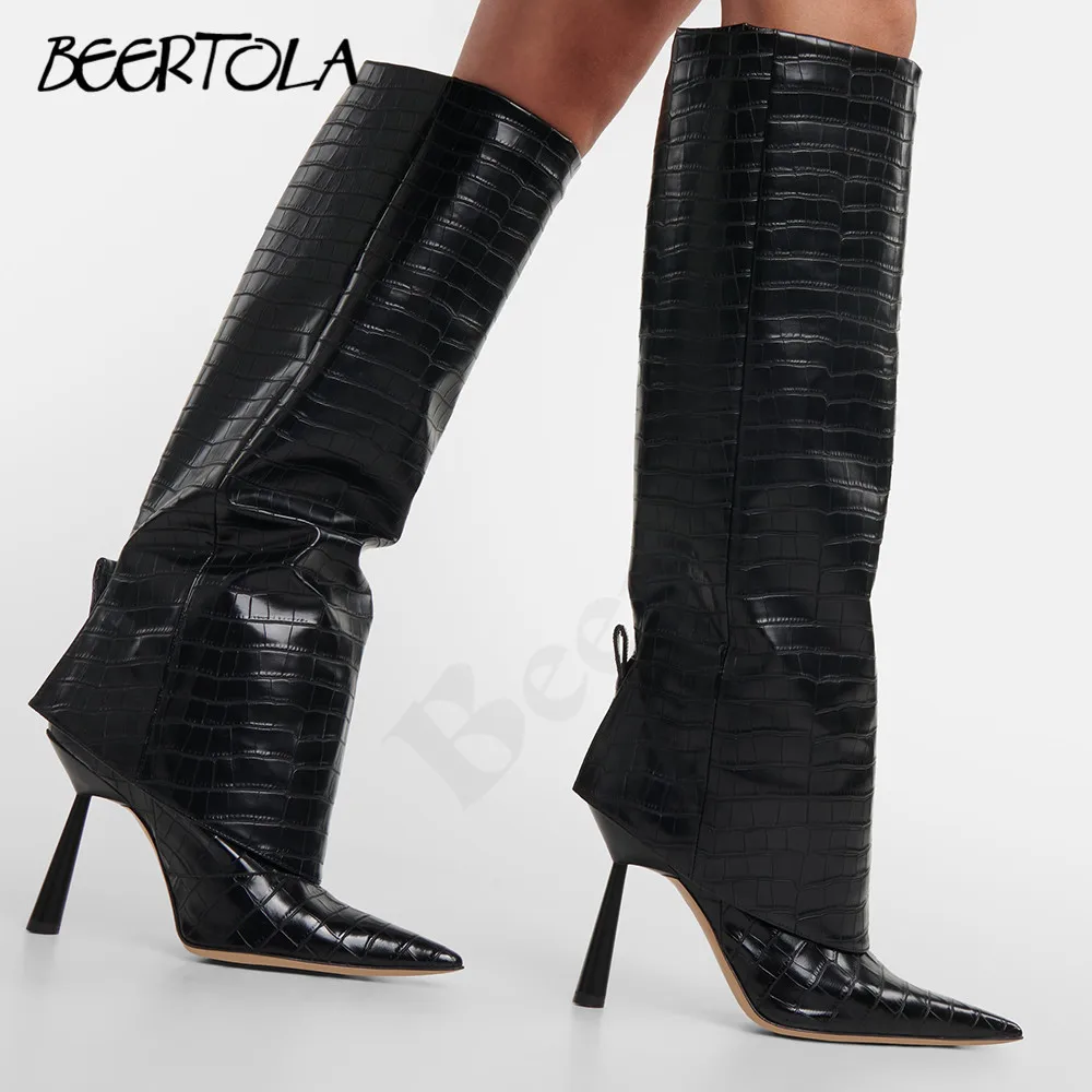 Women's Stone Pattern Large Tube Boots Pointed Toe Stiletto Heel Skirt Boots Large Size Long Tube Personality Fashion Boots