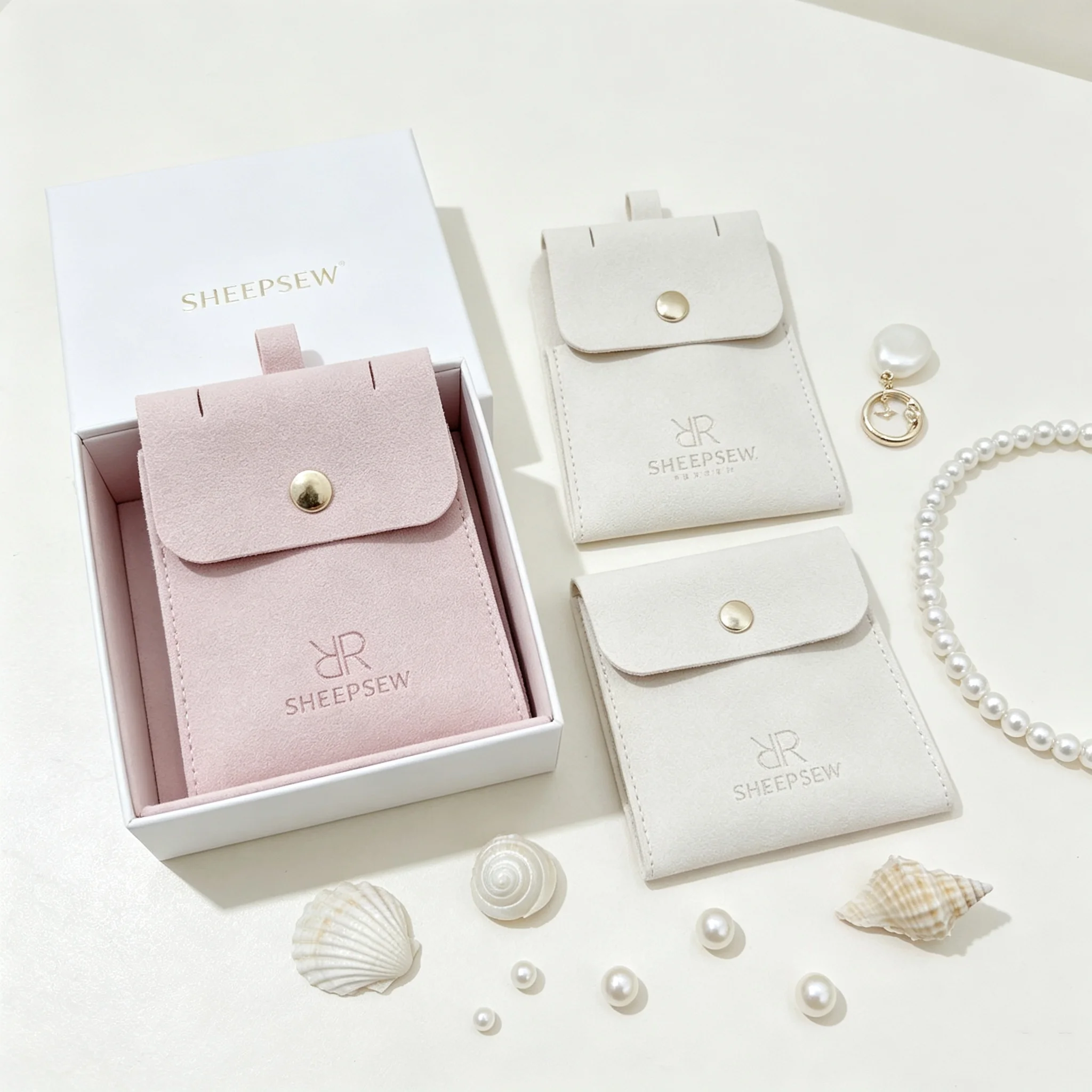 SheepSew Wholesale Custom Personalized Logo Jewelry Packaging Kit 9x9cm Drawer Boxes Matching 8x8cm Microfiber Storage Pouches B