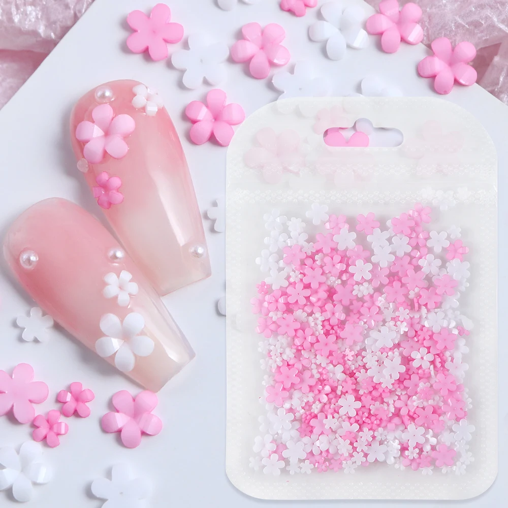 Kawaii Rosa Branca Flor Nail Art Encantos, 3D Flores, Strass Prego Peças Decorações, Verão Manicure Suprimentos, Acessórios, 400 Pcs