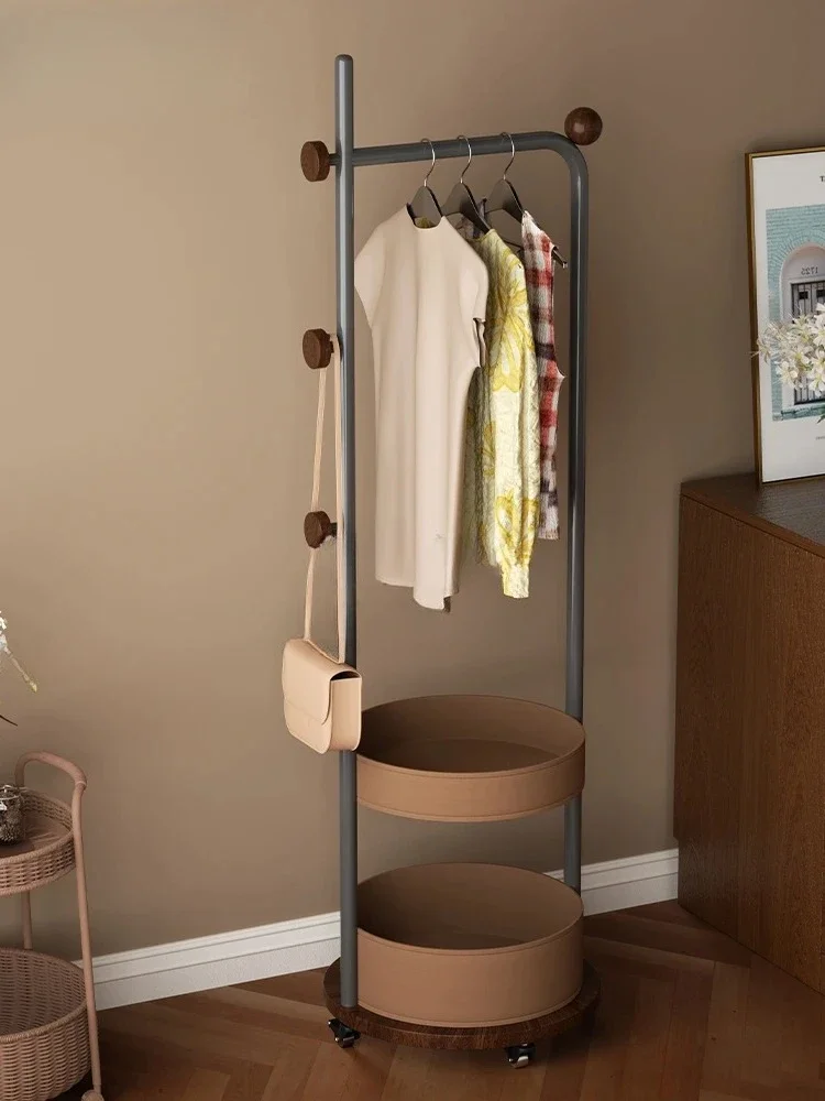 A  Light Luxury Removable Stainless Steel Coat Rack Bedroom Saddle Leather Storage Floor Double Layer Hanger