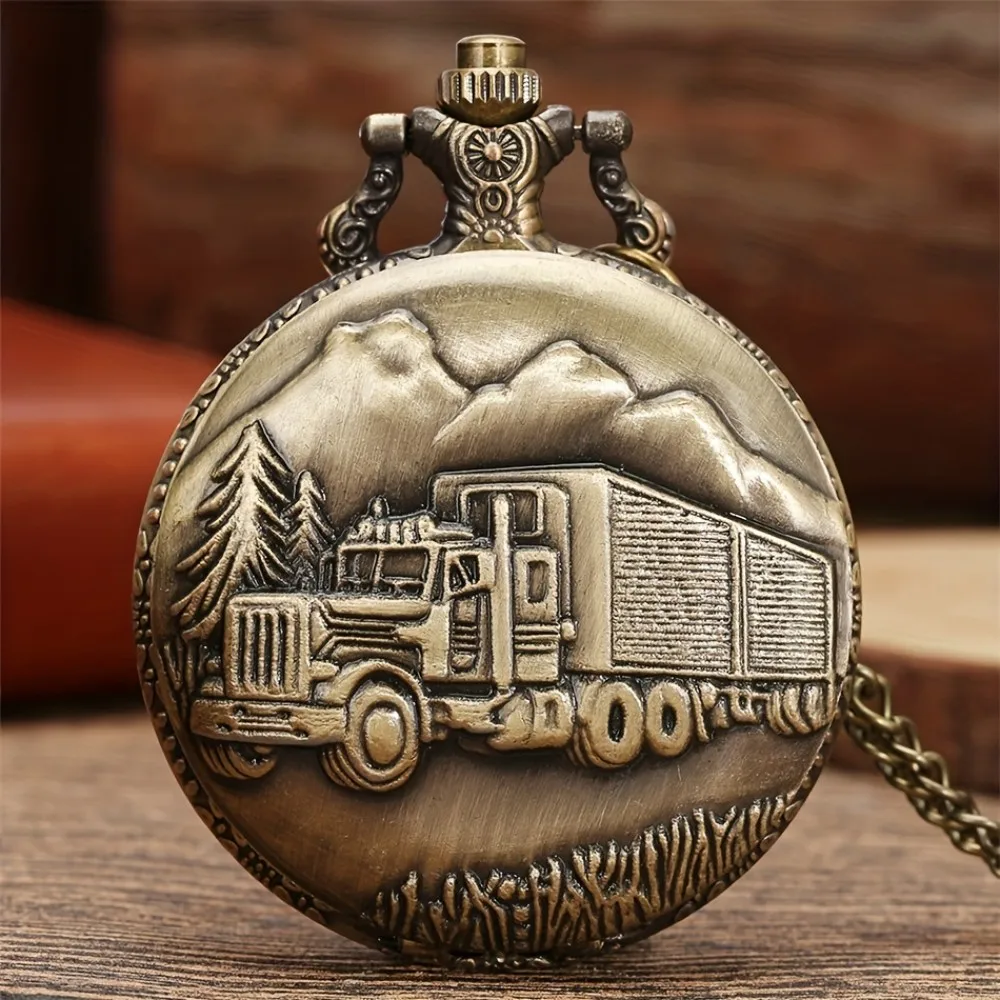 Vintage Classic Steampunk Bronze Truck Pattern Pendant Necklace Chain Clock Quartz Pocket Watch Exquisite Gift For Men and Kids
