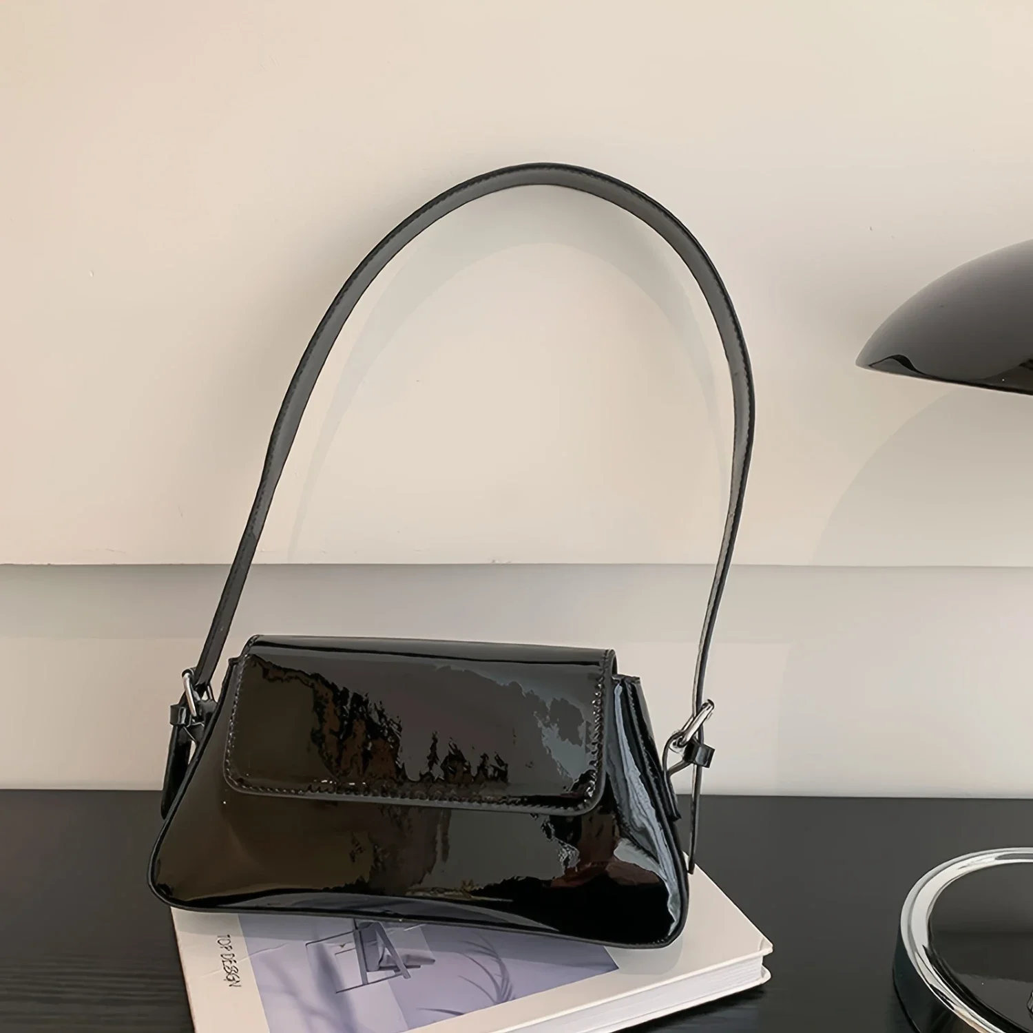 French Mirror Finish Shoulder Bag Flapover Satchel with Adjustable Strap in Various Colors