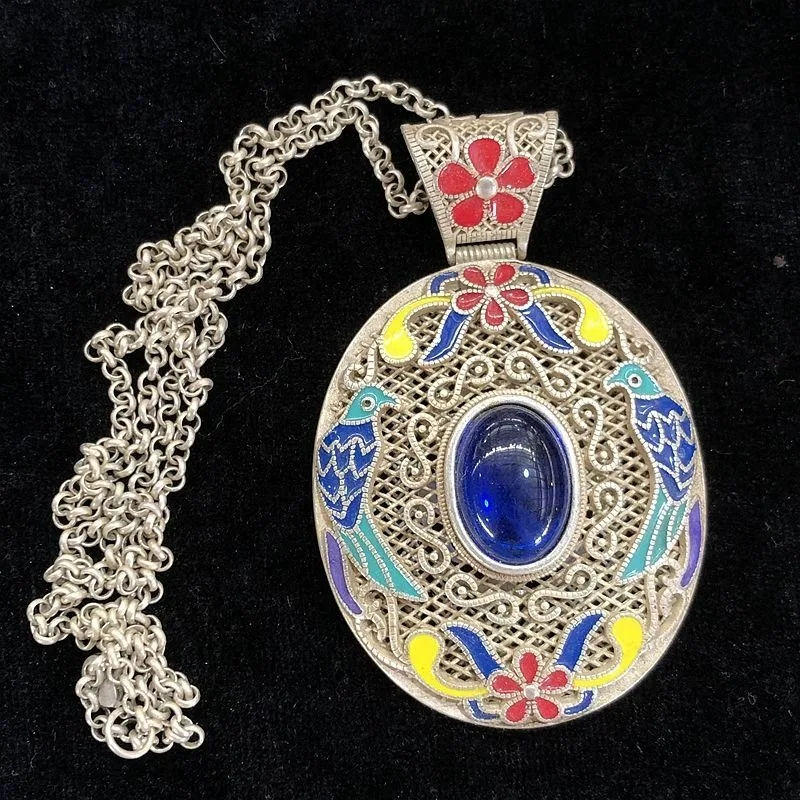 Antique Qianlong Style Cloisonne Magpie Plum Copper Silver Lock With Blue Beads And Chain