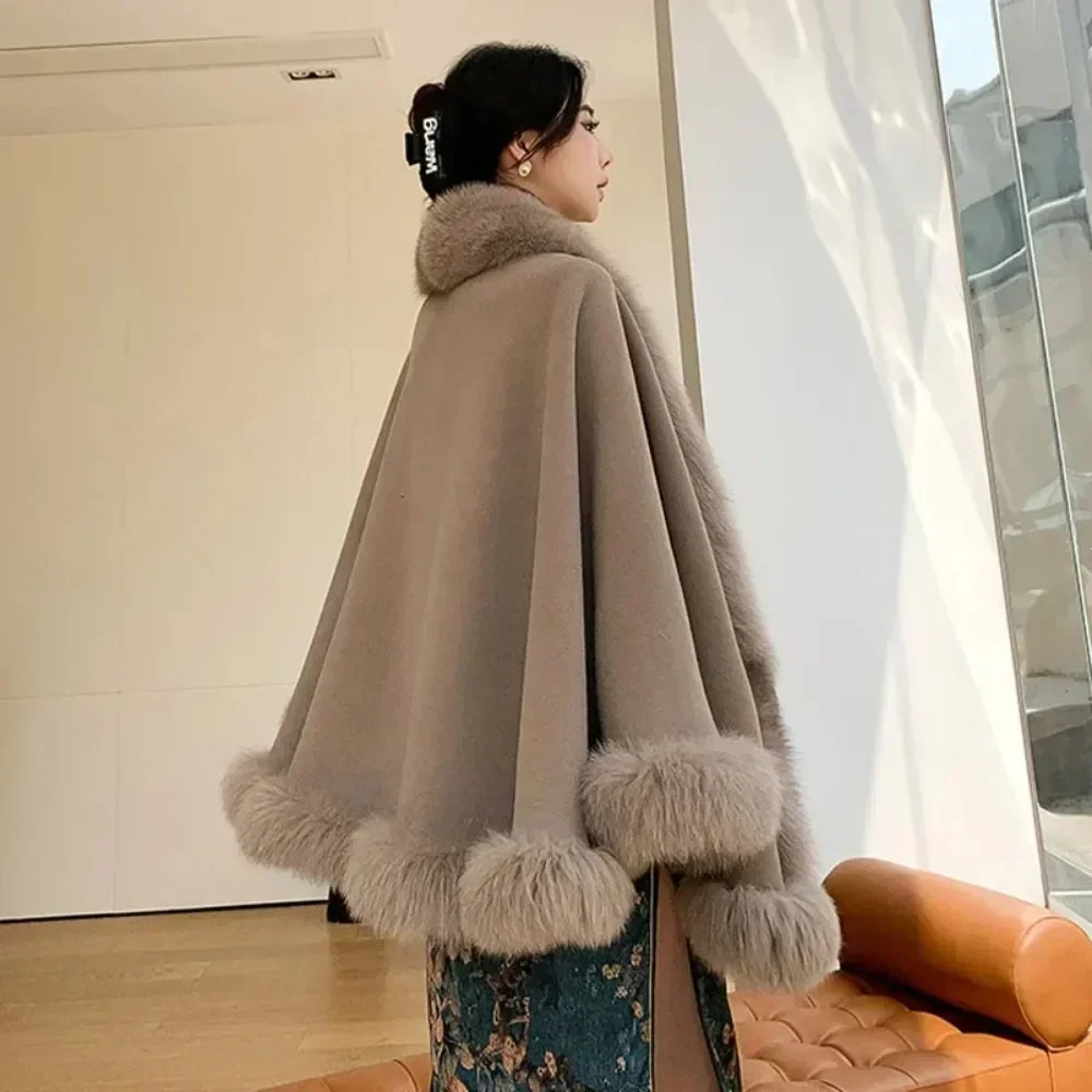 2024 New Autumn Winter Fashion Women Wool Warm Cardigan Shawl Jacket with Real Fox Fur Collar Ponchos Cloak Outwear Female Coats