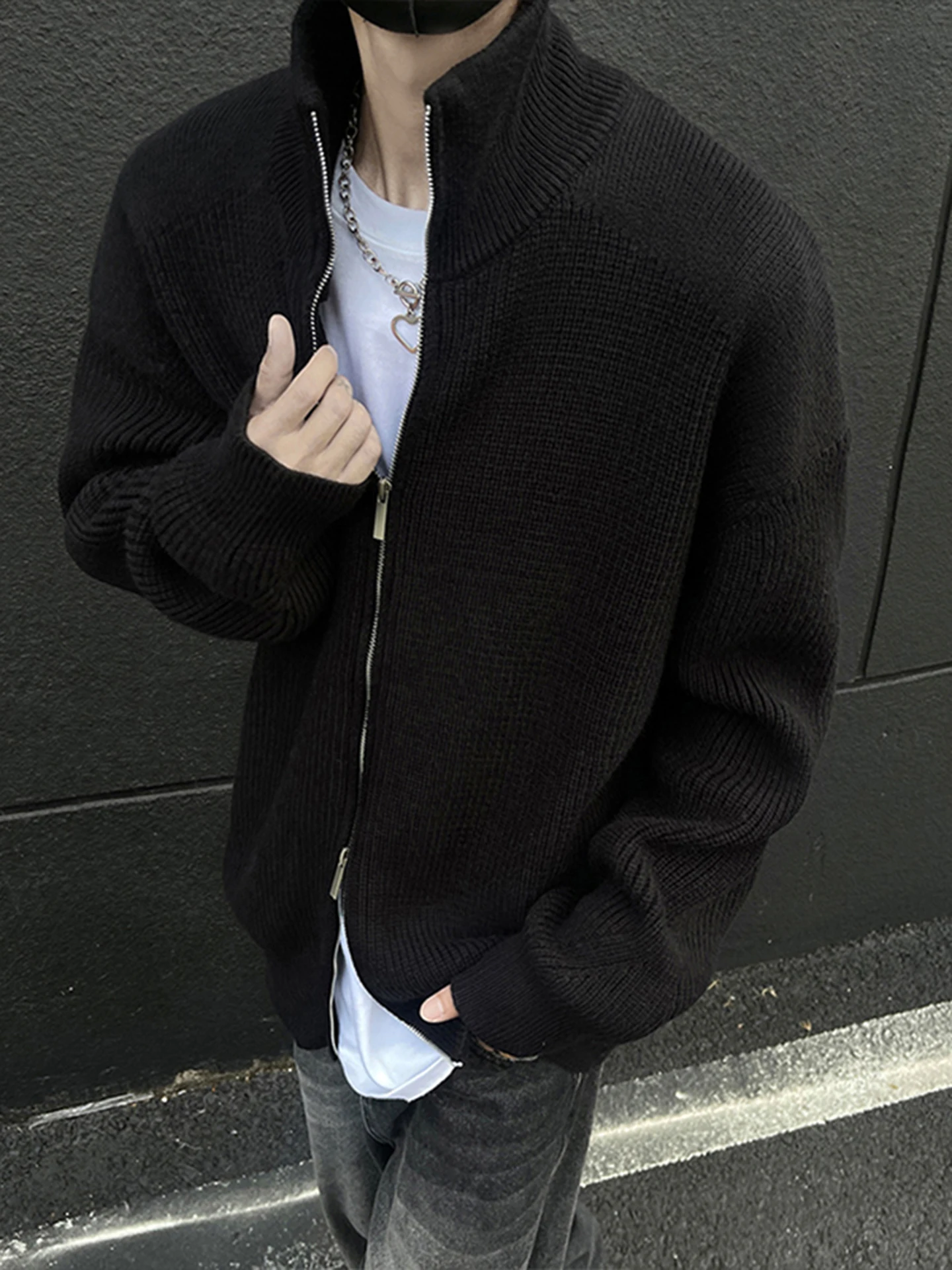 Gray Zipper Cardigan Sweater Men's Autumn Lazy High-End Knitted Shirt American Style Stand Collar Double Zipper Slim Fit Jacket
