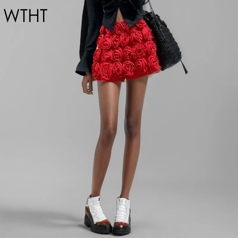 

WTHT Trendy Fashion Women's Spliced Multi 3D Flower Mini Skirts 2024 Winter High Waist Lining Design Skirt Female 1LS617