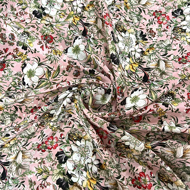 1 meter 100% Mulberry Silk 14 momme Crepe Silk Fabric Pink Colorful Floral Printed 140cm 55" wide by the yard XX370