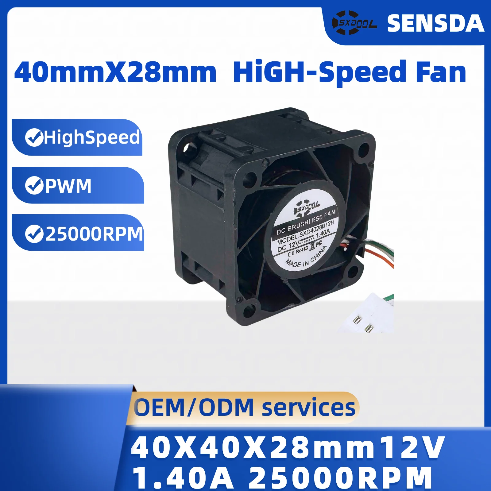 

SXDOOL 4028 40mm 40x40x28mm Industrial Cooling Fan - 12V 1.4A 25000RPM 32.9CFM High-Speed Fan for Server/PC/Car Mod