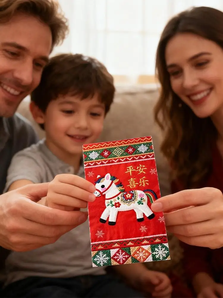 Imagen 4: Paquete rojo bordado Hong Bao de buena suerte, bolsa de dinero de la suerte tradicional china, sobres rojos de Año Nuevo 2026 caballos, 6 uds.