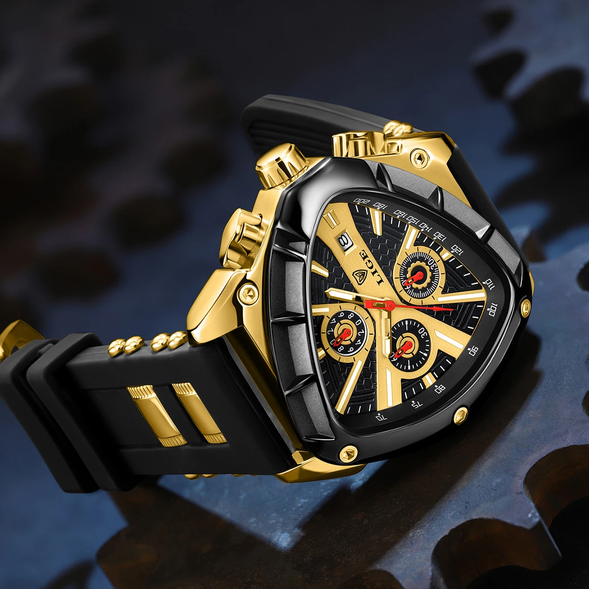 ساعات LIGE الرياضية للرجال، حزام مطاطي أنيق، ساعة يد كوارتز عسكرية غير منتظمة مقاومة للماء، ساعة مثلثة مع نقطة مضيئة