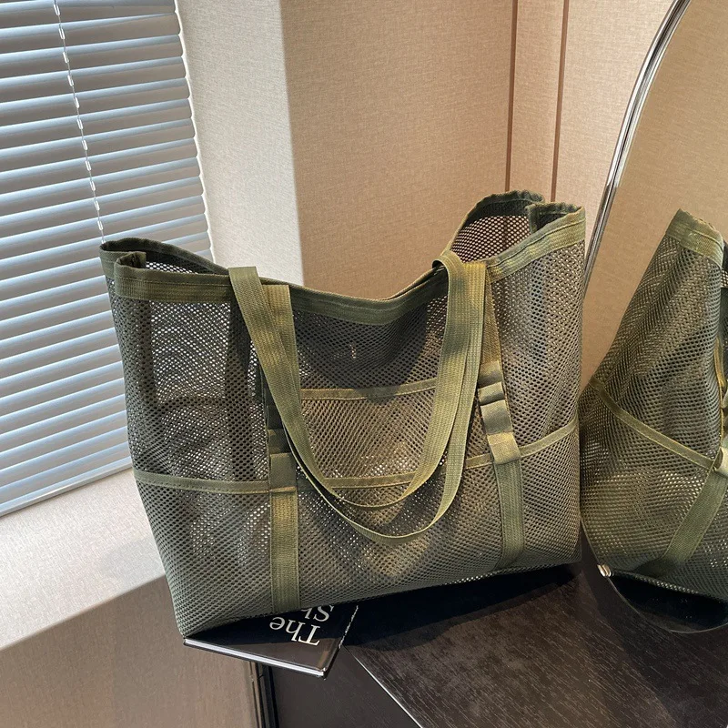 

Mesh Casual Tote Bag Large Capacity Handheld Shoulder Mesh Beach Bag Summer New Open-Top Underarm Woman Bag