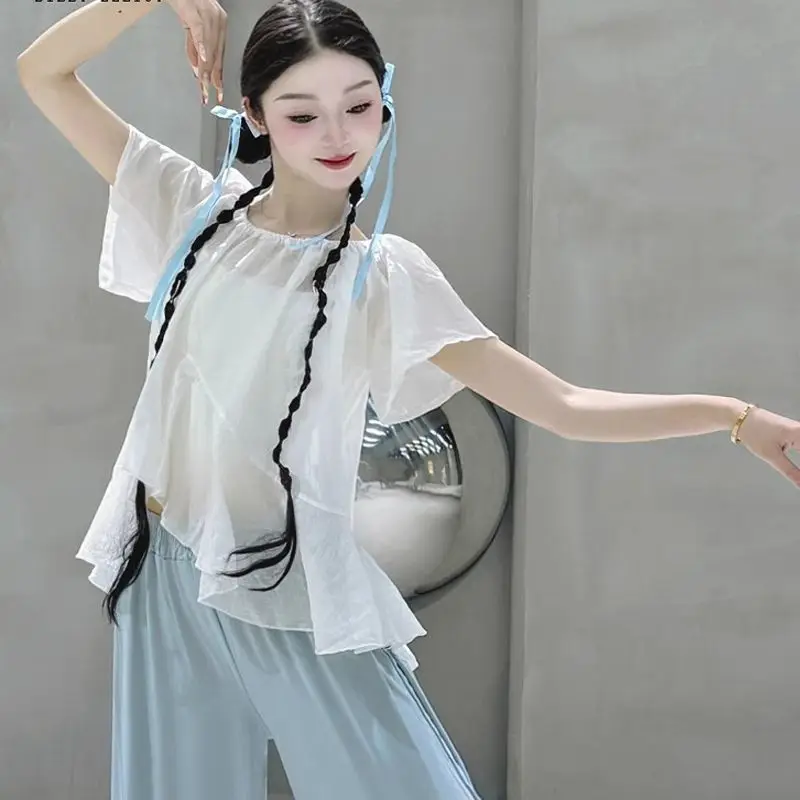 Women Loose Ruffle Chiffon Dance Top Lightweight Classical Modern Dance Training Costume S-2XL