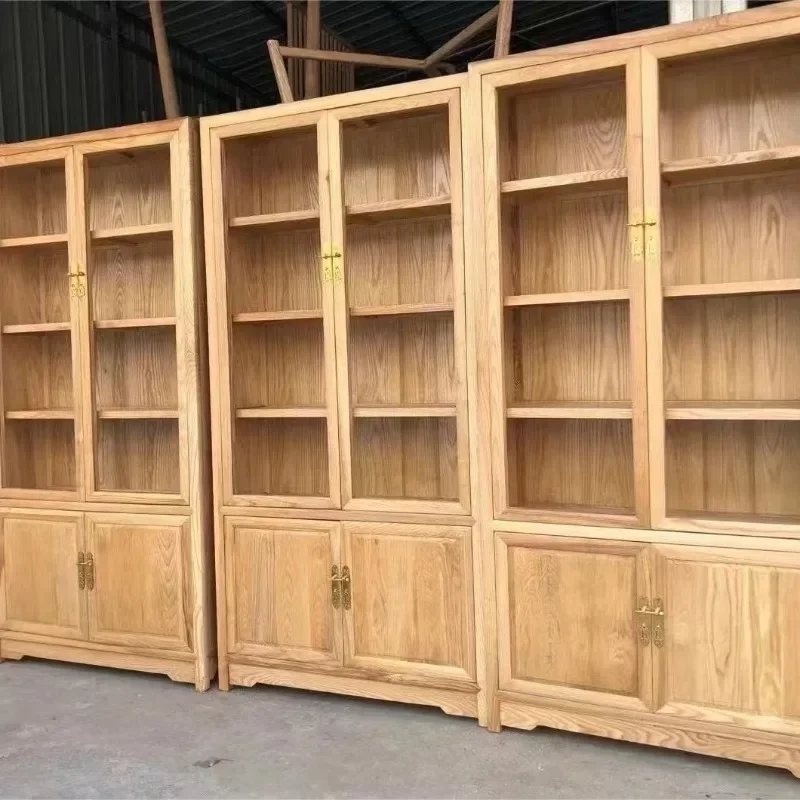 New Chinese ash wood glass bookcase combination solid wood bookshelf multi-functional office furniture storage file cabinet