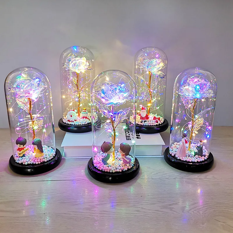 Artificial Eternal The Beast Beauty Rose Eternelle Flower In Glass Dome LED Christmas Mother's Birthday Valentines Day Gift.