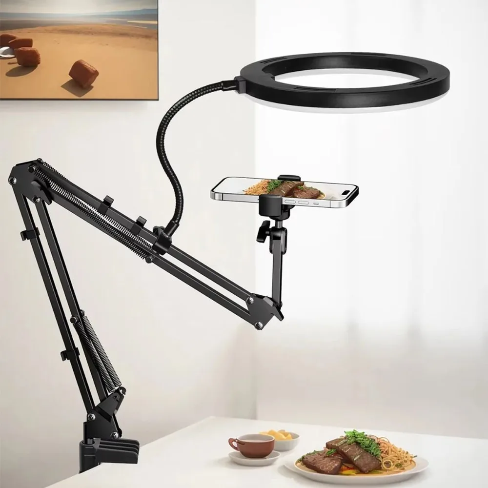 With Fill Light Telescopic Phone Stand Adjustable Height Stable Mobile Phone Holder Metal Portable Clamp Type Phone Holder