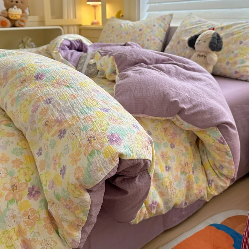 3 Pieces Flower Duvet Cover Set Floral Print Bedding Set(no Sheet) for Single Zipper Closure Quilt Cover+Pillowcases Home Girl