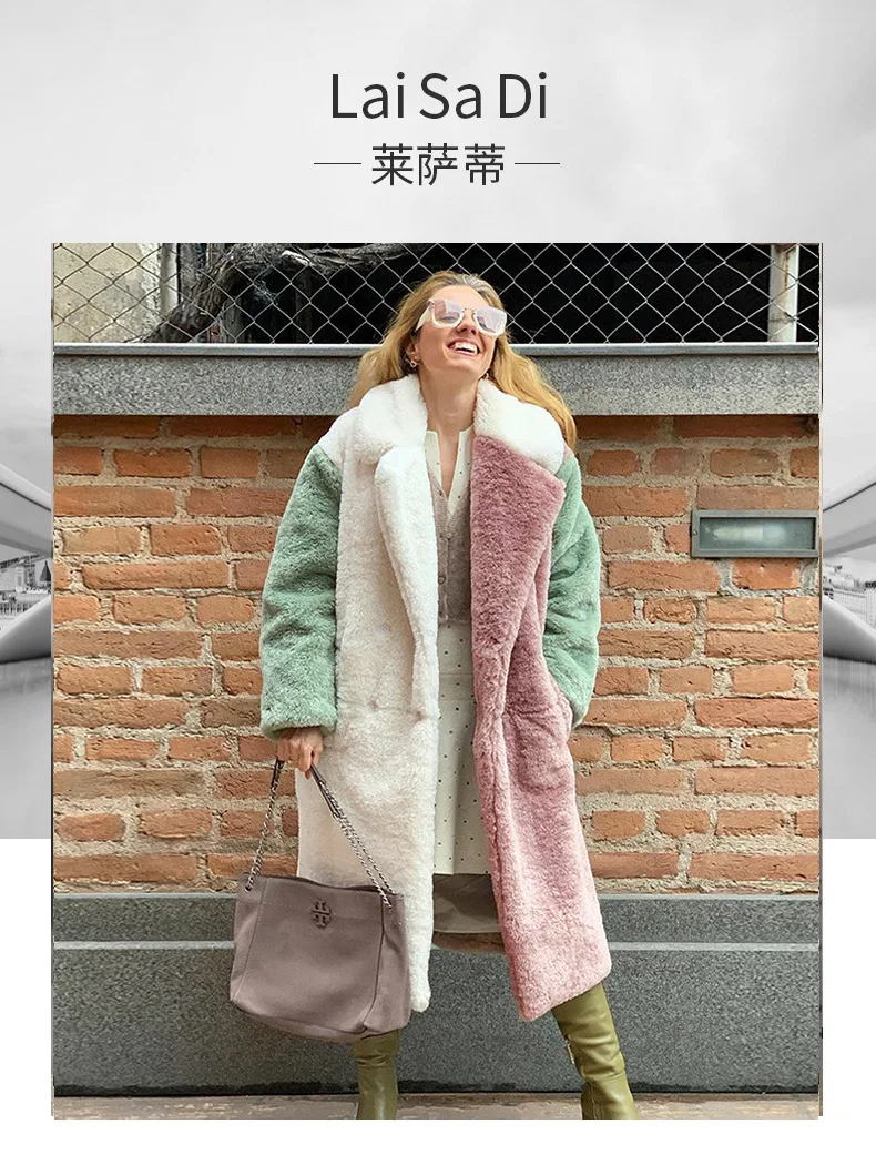 Chic Woamn Contrast Color Rabbit Fur Jacket Autumn Winter Turn Down Collar Thick Imitation Fur Trench Coats Long Cardigan Tops