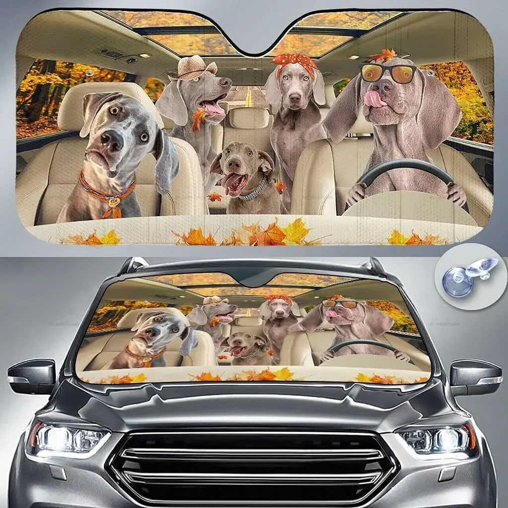 Weimaraner Family Driving Autumn Leaves Car Sunshade Windshield Window, Gift for Weimaraner Mom  Car Windshield Auto Visor