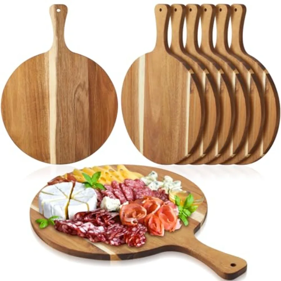 6 Pcs Acacia Wood Round Cutting Board Bulk 0.6 Inch Thick Charcuterie Board with Handle Housewarming Gift Large Wooden Chopping
