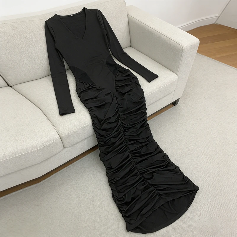 

Patchwork Sexy Hollow Out Draped Maxi Dress Women Long Sleeve V-neck Dress Autumn Skinny Elegant Party Evening Dress