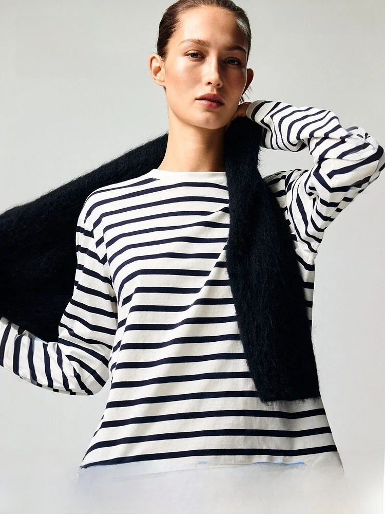 

Женская хлопковая футболка H&M с длинным рукавом, летняя новинка, повседневная, комфортная, стандартный крой, однотонная, 100% хлопок