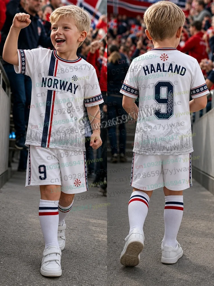 26 Special HAALAND Nr. 9 Fußballtrikot-Set mit Shorts für Damen, Herren und Kinder, Norwegen Fußballfan-Outfit, 2-teiliges Set – Detail 11