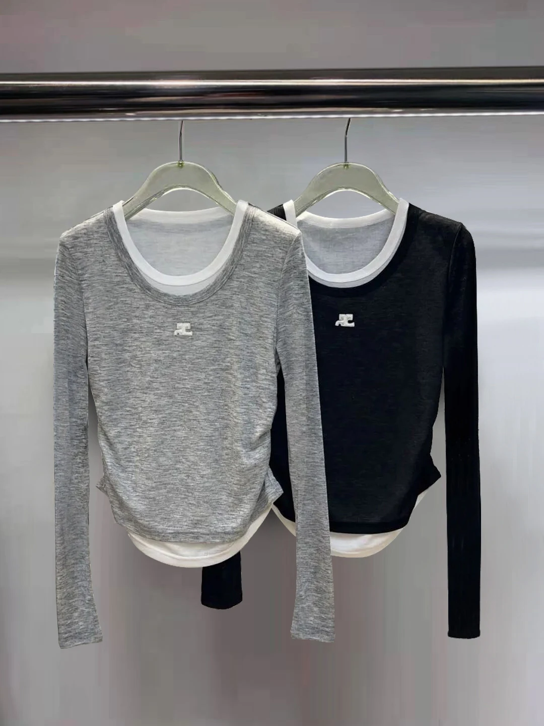 

Футболка с эффектом похудения, шерстяная, с круглым вырезом, длинными рукавами, в стиле пэчворк, имитация двухслойности, для повседневной носки, из чистого хлопка