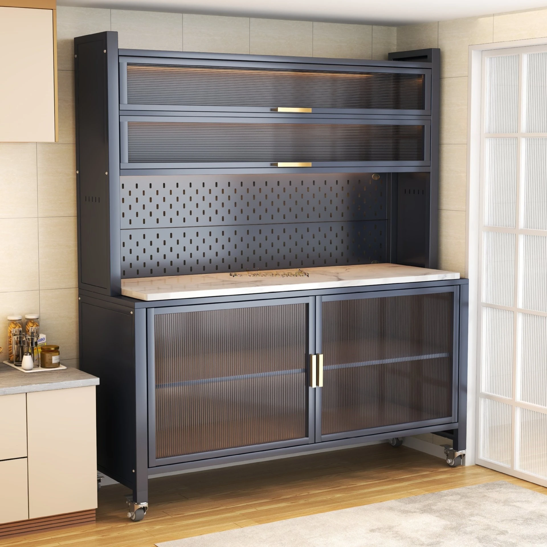 Multifunctional kitchen storage rack, sintered stone sideboard, household dustproof storage cabinet, multi-layer snack cabinet