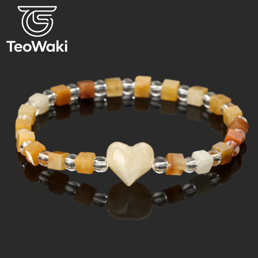 TeoWaki Square Yellow Jade Elastic Bracelet Bead Minimal Fresh White Stone Peach-shaped Ornament Stackable Jewelry Best Gift18cm