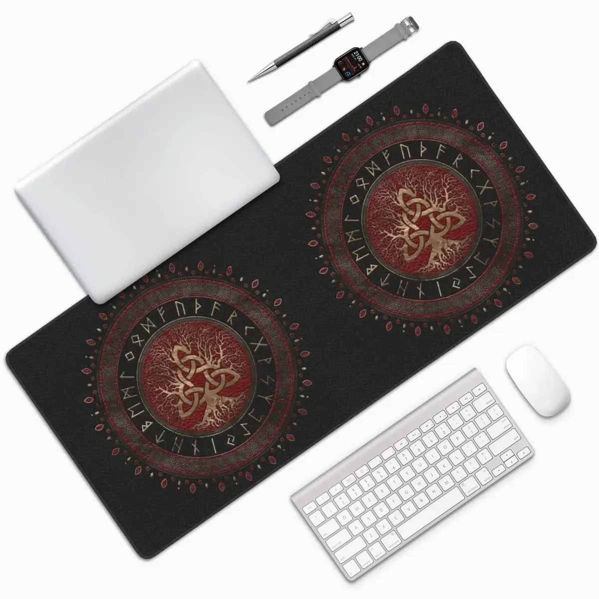 Tree Of Life With Triquetra Black Red Leather And Gold Large Mouse Pad Computer Keyboard Mouse Mat Gaming PC Laptop Desk Mat