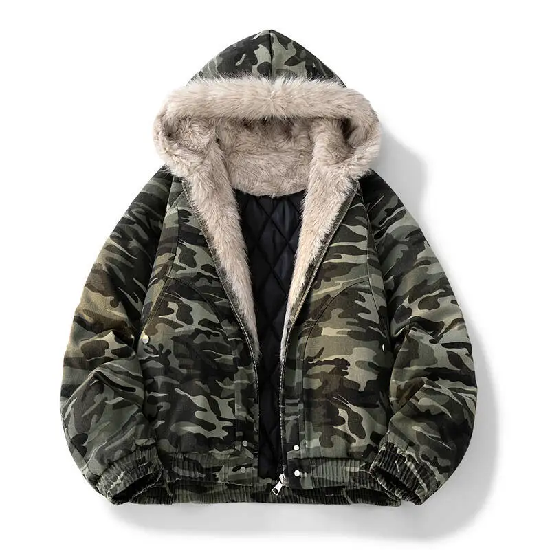 

Men's Retro Camouflage Fleece-Lined Faux Fur Collar Jacket Autumn & Winter Loose Fit Sports Hooded Parka Cotton-Padded Jacket