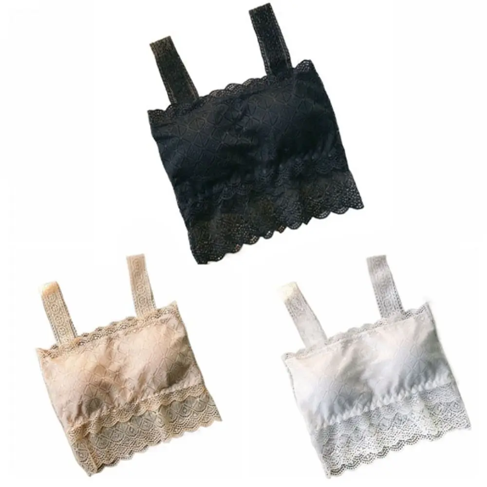 Top de colheita de renda oca de malha respirável fina undershirt renda flor colete superior anti-reflexo roupa interior sutiã com almofada verão