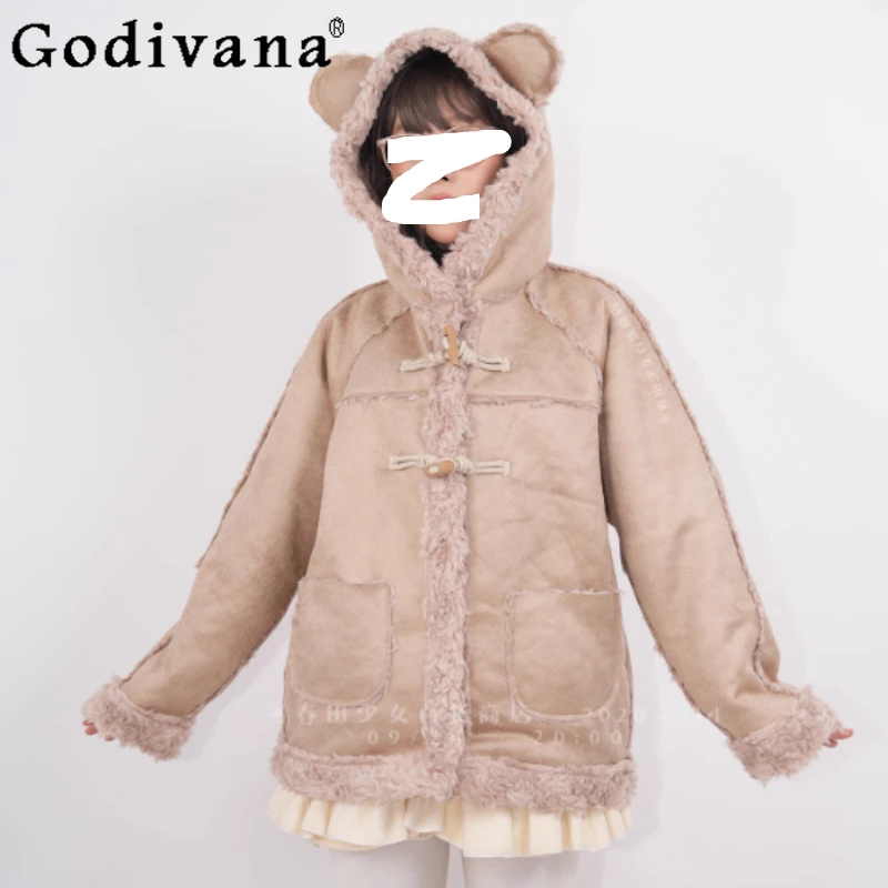 

Autumn Winter Sweet Loose Versatile Age Reduction Cute Fleece Thickened Hooded Jacket Fashion Warm Long sleeve Korean Coat